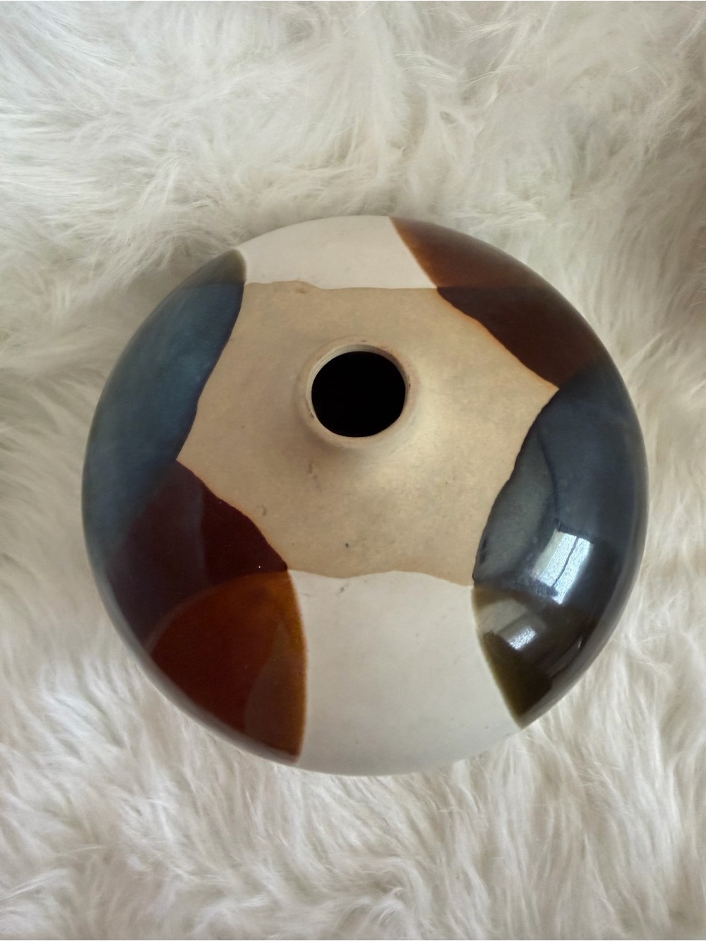 Handcrafted Ceramic Vase in White, Brown, and Blue